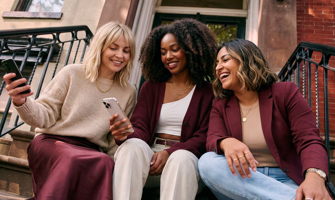 Three women sitting on a staircase looking at a phone, smiling.
