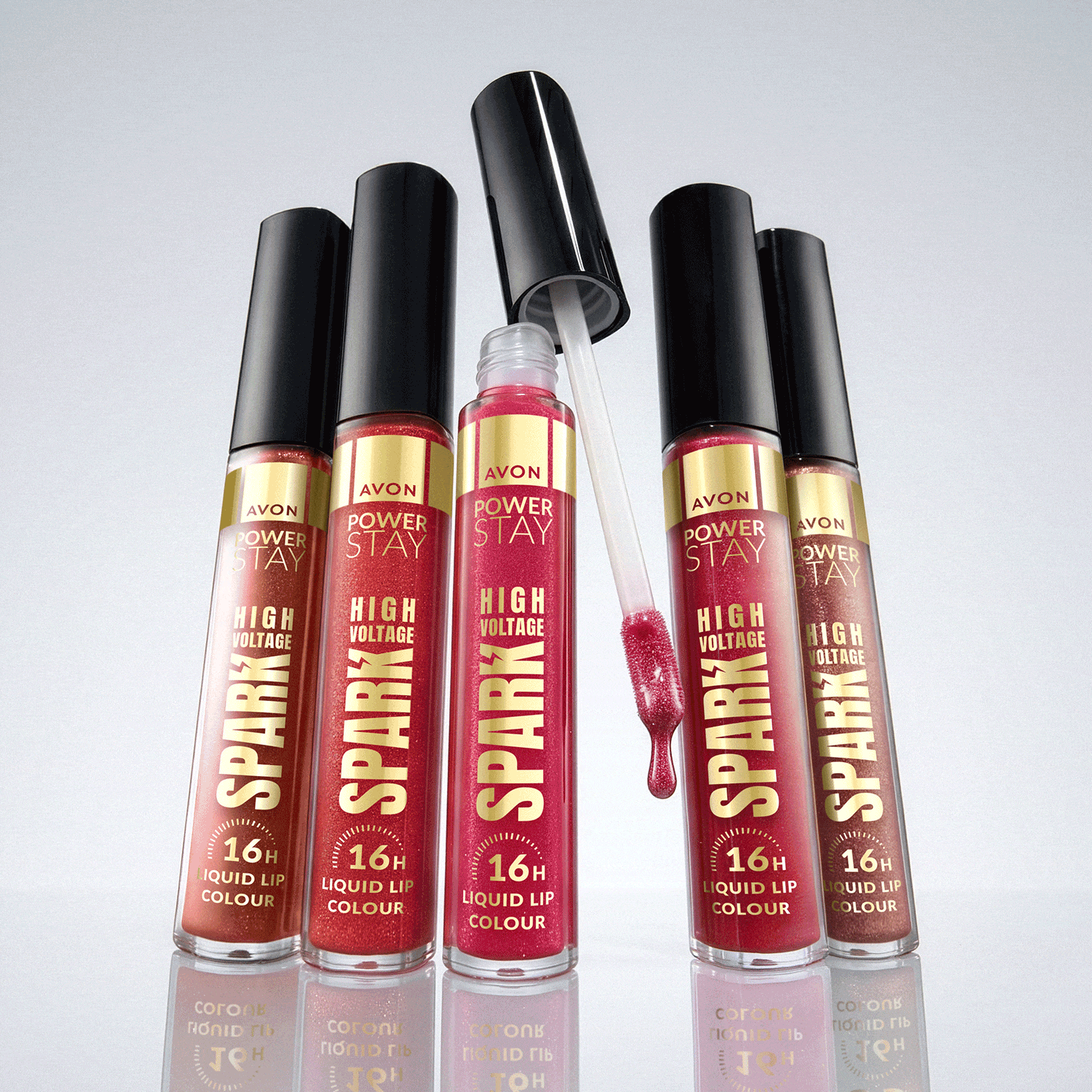 Image of 5 Avon Powerstay lip colors, followed by a closeup of lips with the product applied.