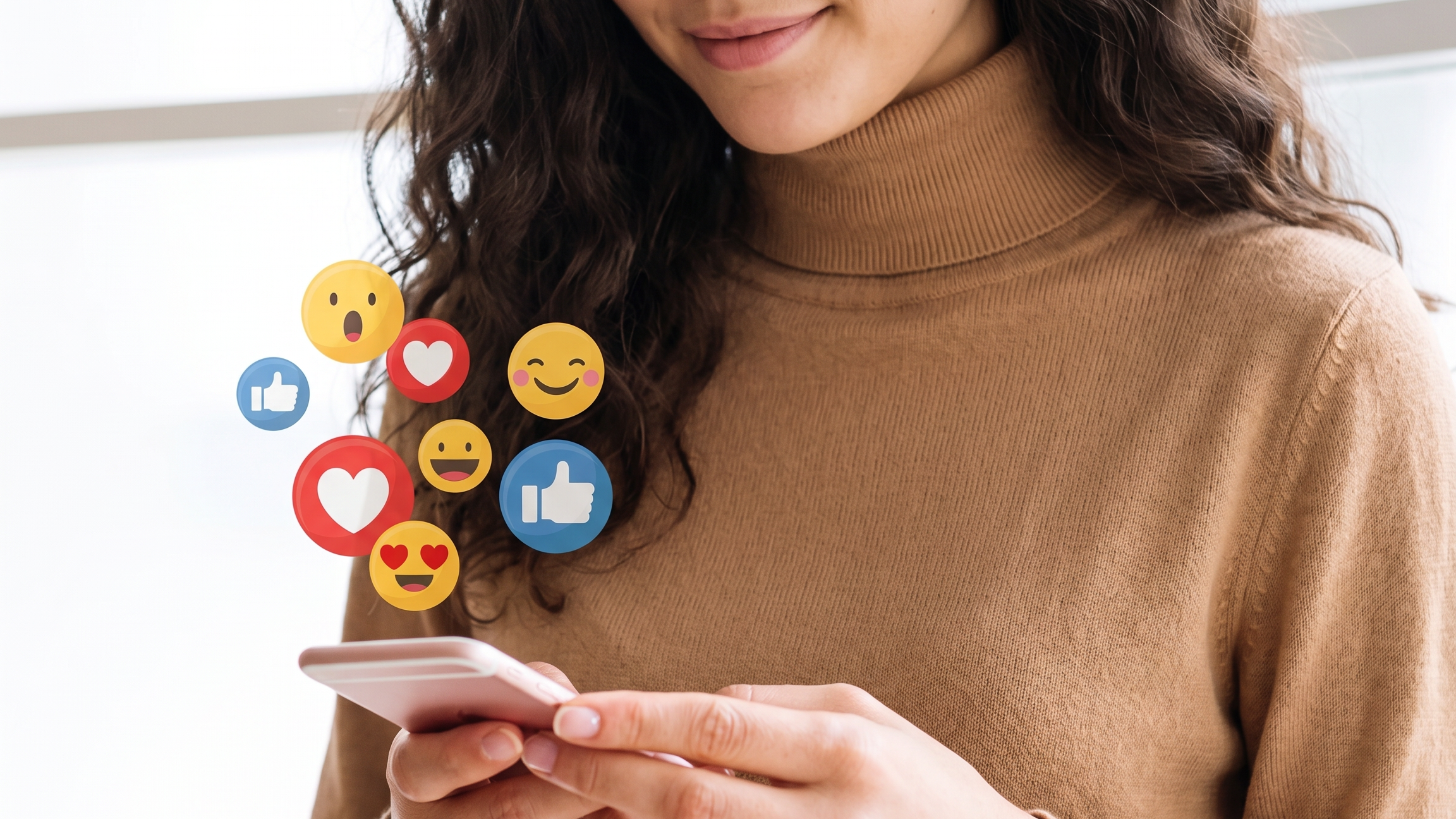 Woman using a smartphone with social media icons above, on a light background