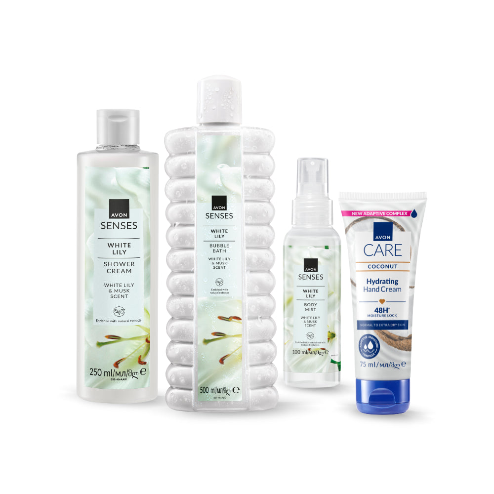 Avon - White Lily Bubble Bath + Shower Cream + Body Mist + Hand Cream Set - 
