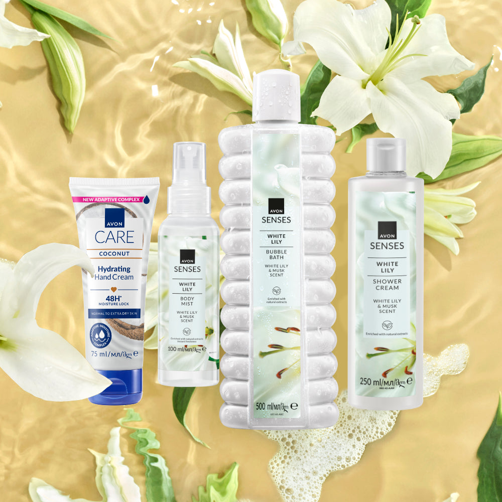 Avon - White Lily Bubble Bath + Shower Cream + Body Mist + Hand Cream Set - 