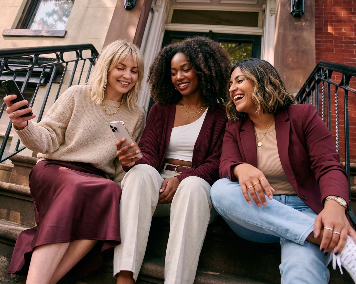 Three women sitting on a staircase looking at a phone, smiling.